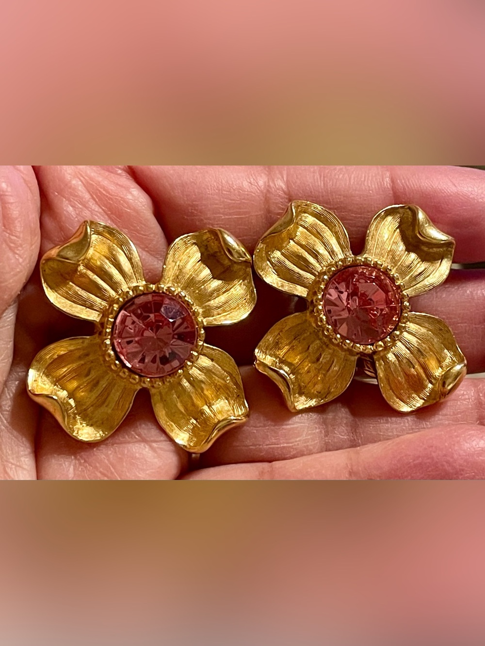 Trifari Gold-Tone Flower Stud Earrings with Pink Center Stones